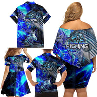 Blue Lightning Striped Bass Family Matching Off Shoulder Short Dress and Hawaiian Shirt Power Surge Fishing Hook Electric Print - Wonder Print Shop