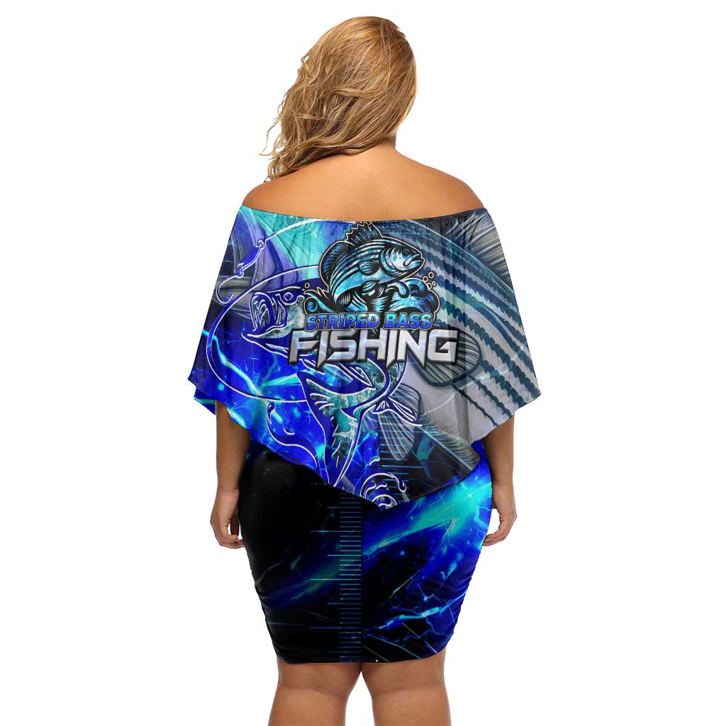 Blue Lightning Striped Bass Family Matching Off Shoulder Short Dress and Hawaiian Shirt Power Surge Fishing Hook Electric Print - Wonder Print Shop