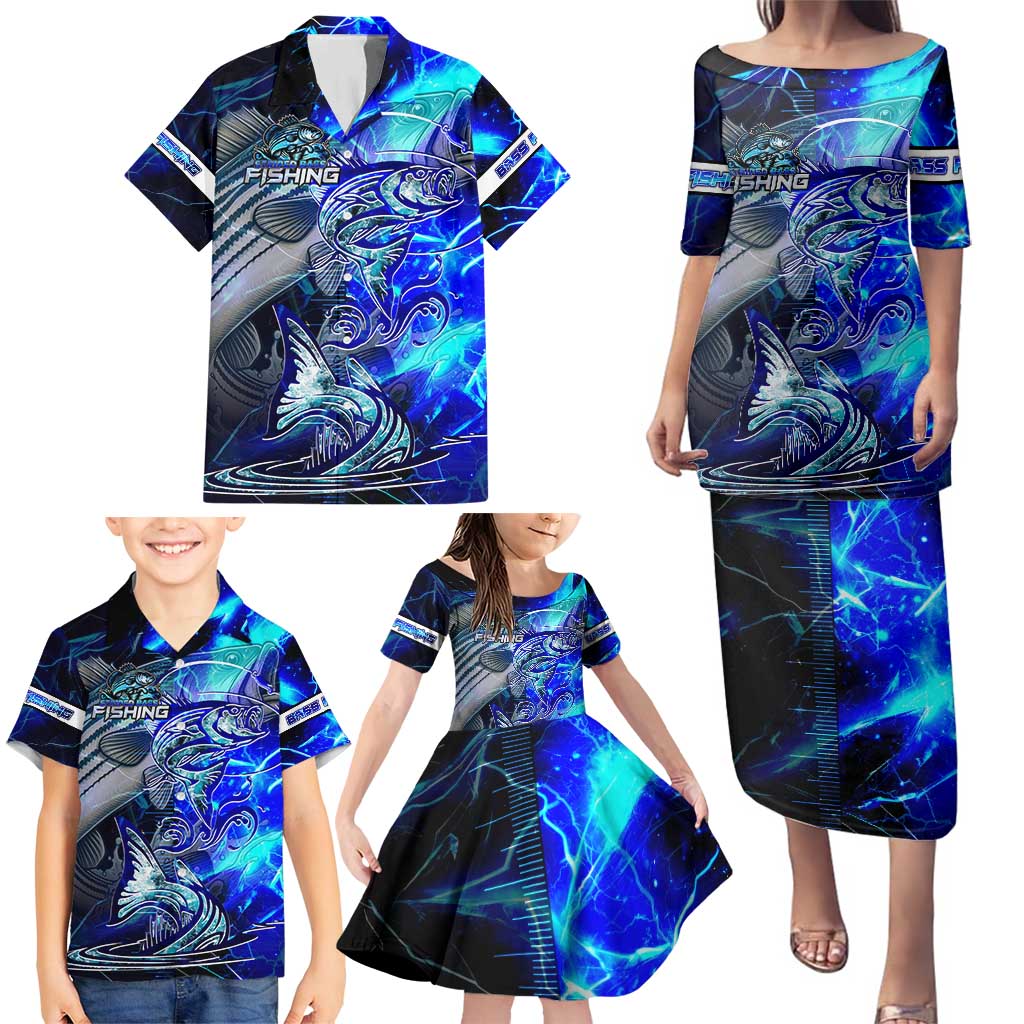 Blue Lightning Striped Bass Family Matching Puletasi and Hawaiian Shirt Power Surge Fishing Hook Electric Print - Wonder Print Shop