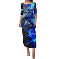 Blue Lightning Striped Bass Family Matching Puletasi and Hawaiian Shirt Power Surge Fishing Hook Electric Print - Wonder Print Shop