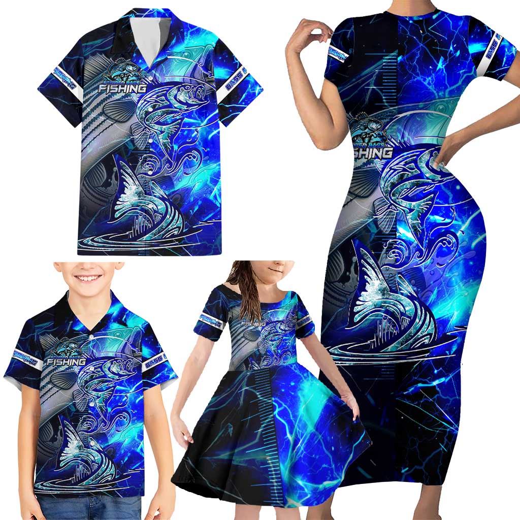 Blue Lightning Striped Bass Family Matching Short Sleeve Bodycon Dress and Hawaiian Shirt Power Surge Fishing Hook Electric Print - Wonder Print Shop