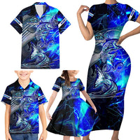 Blue Lightning Striped Bass Family Matching Short Sleeve Bodycon Dress and Hawaiian Shirt Power Surge Fishing Hook Electric Print - Wonder Print Shop