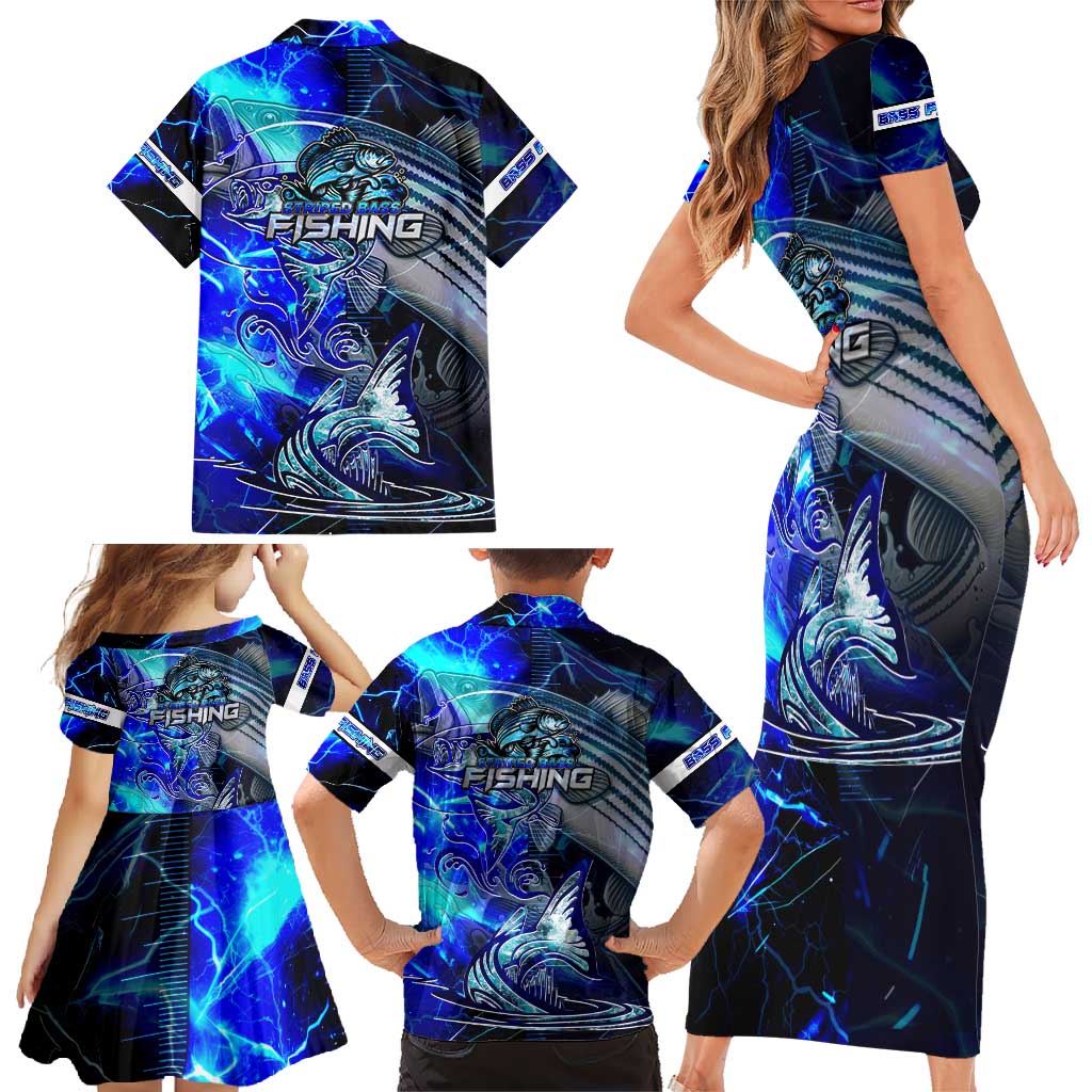 Blue Lightning Striped Bass Family Matching Short Sleeve Bodycon Dress and Hawaiian Shirt Power Surge Fishing Hook Electric Print - Wonder Print Shop