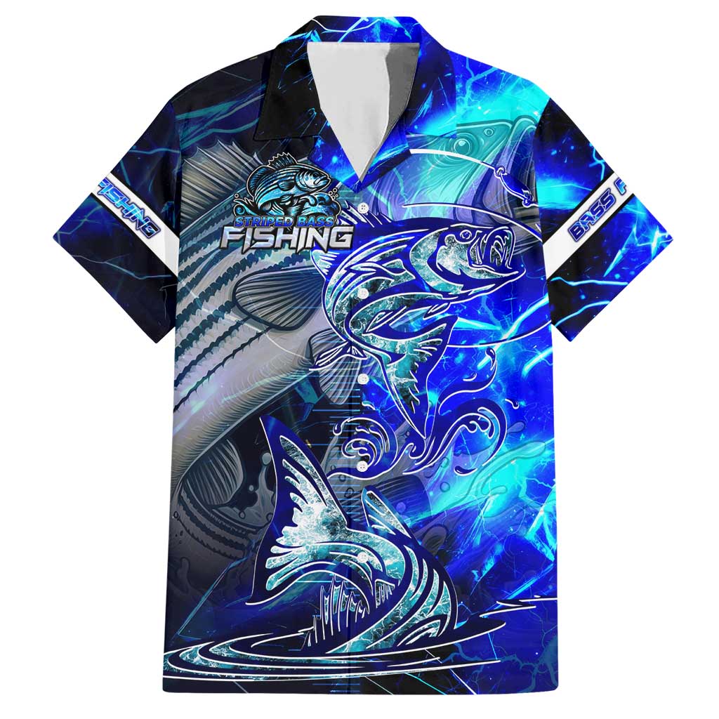Blue Lightning Striped Bass Family Matching Short Sleeve Bodycon Dress and Hawaiian Shirt Power Surge Fishing Hook Electric Print - Wonder Print Shop