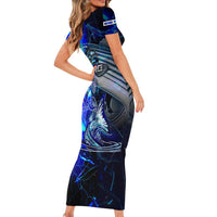 Blue Lightning Striped Bass Family Matching Short Sleeve Bodycon Dress and Hawaiian Shirt Power Surge Fishing Hook Electric Print - Wonder Print Shop