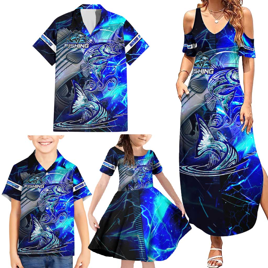 Blue Lightning Striped Bass Family Matching Summer Maxi Dress and Hawaiian Shirt Power Surge Fishing Hook Electric Print - Wonder Print Shop