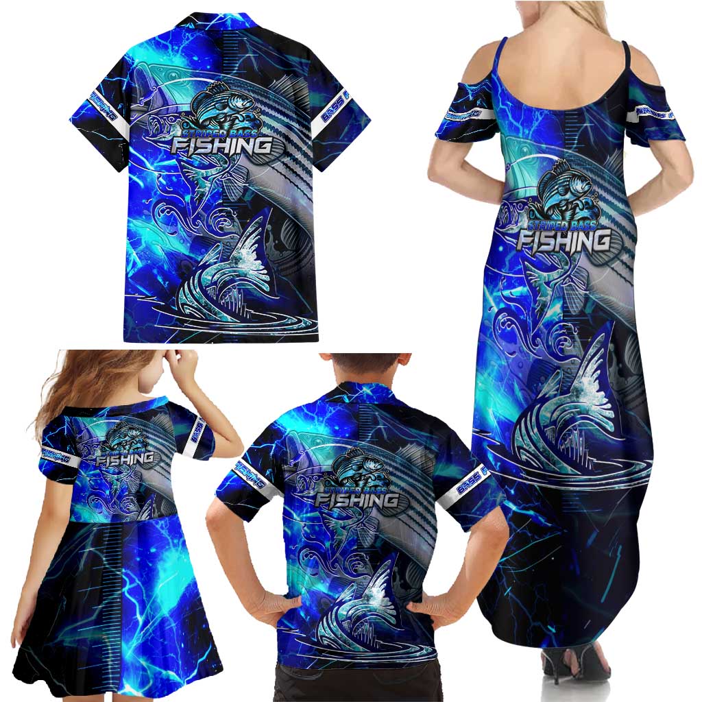Blue Lightning Striped Bass Family Matching Summer Maxi Dress and Hawaiian Shirt Power Surge Fishing Hook Electric Print - Wonder Print Shop