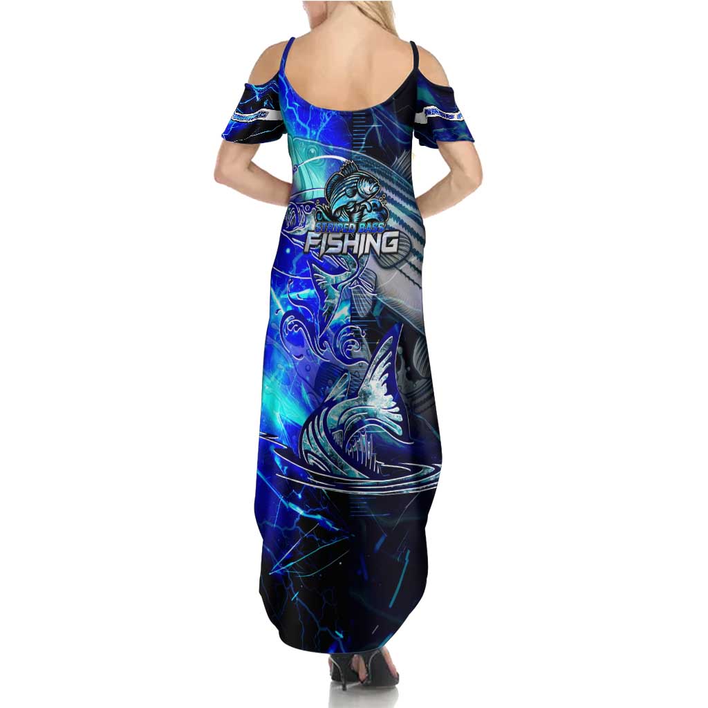 Blue Lightning Striped Bass Family Matching Summer Maxi Dress and Hawaiian Shirt Power Surge Fishing Hook Electric Print - Wonder Print Shop