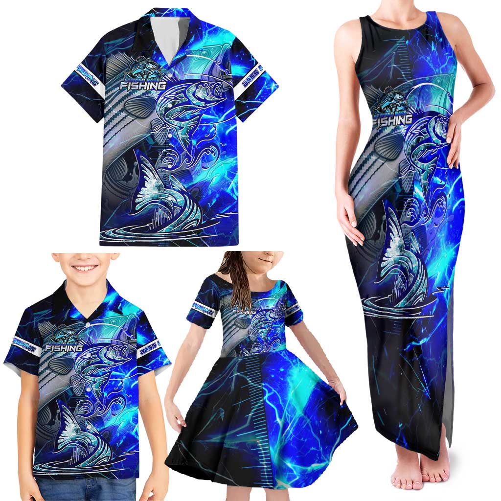 Blue Lightning Striped Bass Family Matching Tank Maxi Dress and Hawaiian Shirt Power Surge Fishing Hook Electric Print - Wonder Print Shop