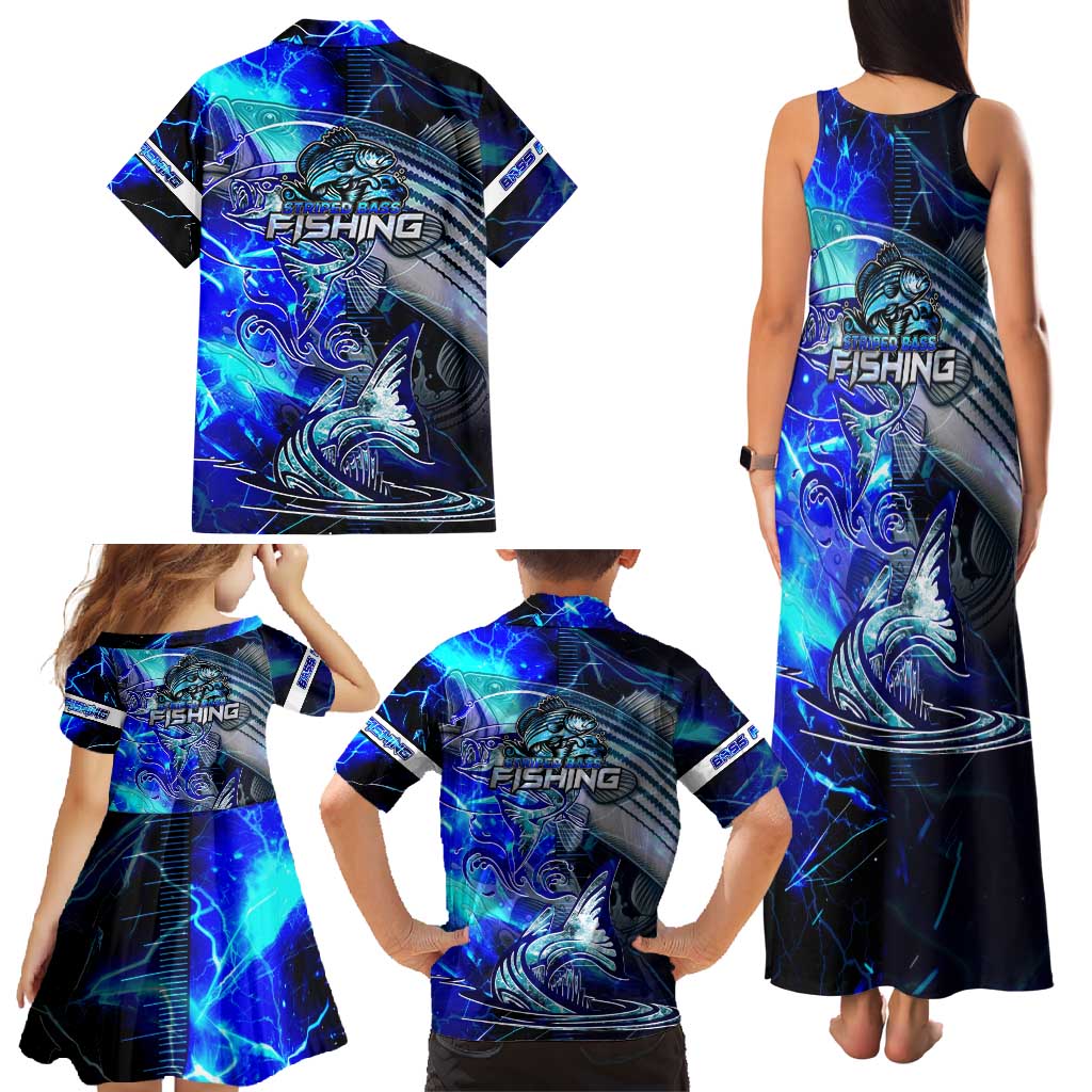 Blue Lightning Striped Bass Family Matching Tank Maxi Dress and Hawaiian Shirt Power Surge Fishing Hook Electric Print - Wonder Print Shop