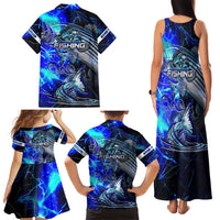 Blue Lightning Striped Bass Family Matching Tank Maxi Dress and Hawaiian Shirt Power Surge Fishing Hook Electric Print - Wonder Print Shop