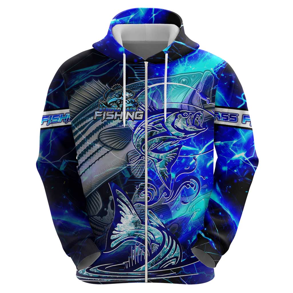 Blue Lightning Striped Bass Hoodie Power Surge Fishing Hook Electric Print - Wonder Print Shop