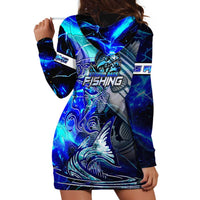 Blue Lightning Striped Bass Hoodie Dress Power Surge Fishing Hook Electric Print - Wonder Print Shop