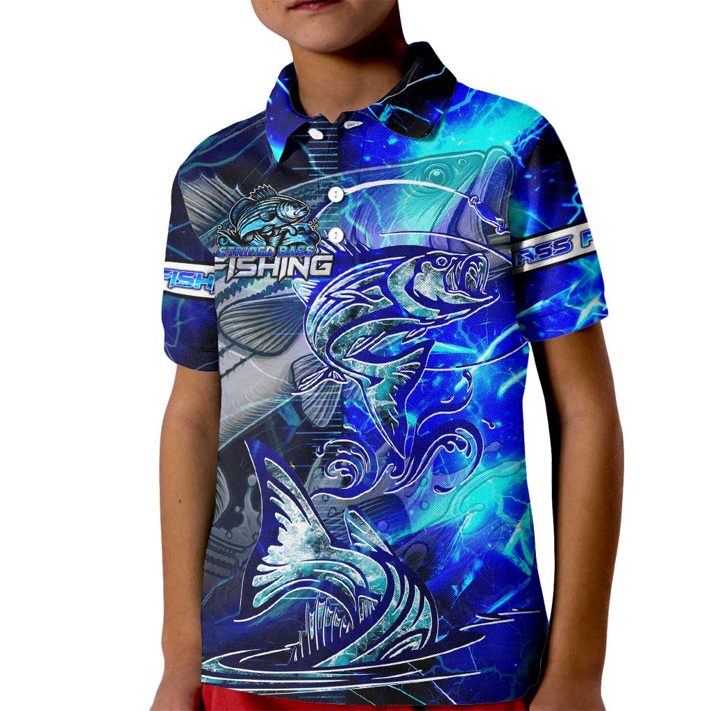 Blue Lightning Striped Bass Kid Polo Shirt Power Surge Fishing Hook Electric Print - Wonder Print Shop