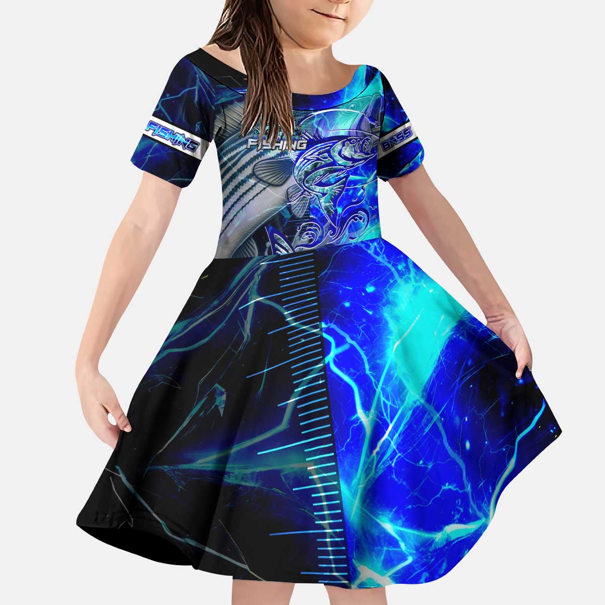 Blue Lightning Striped Bass Kid Short Sleeve Dress Power Surge Fishing Hook Electric Print - Wonder Print Shop