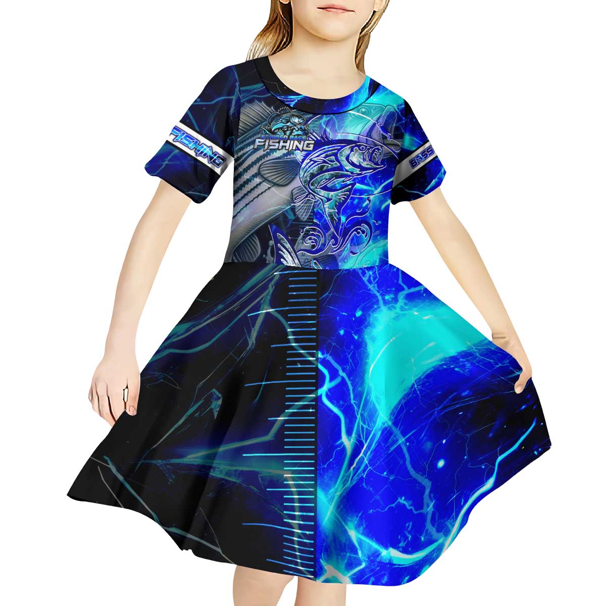Blue Lightning Striped Bass Kid Short Sleeve Dress Power Surge Fishing Hook Electric Print - Wonder Print Shop
