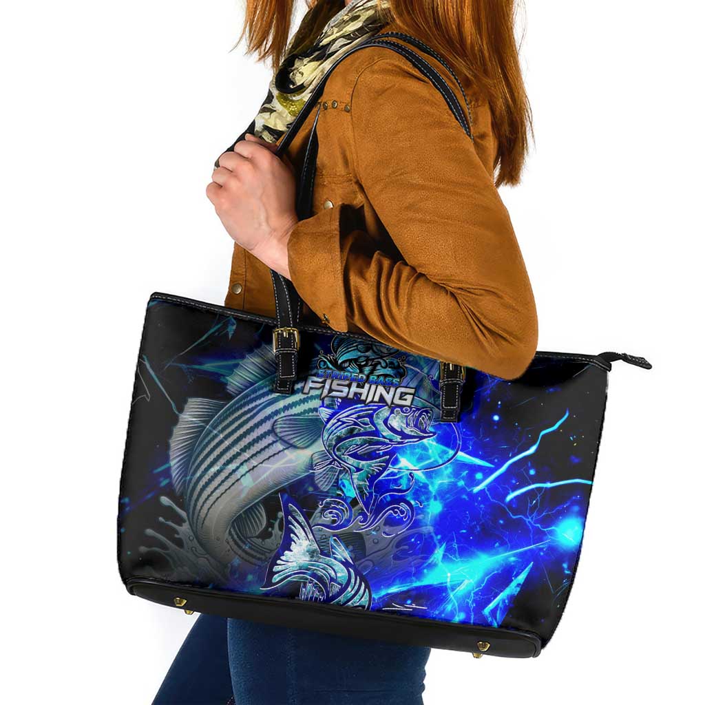Blue Lightning Striped Bass Leather Tote Bag Power Surge Fishing Hook Electric Print - Wonder Print Shop