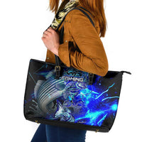 Blue Lightning Striped Bass Leather Tote Bag Power Surge Fishing Hook Electric Print - Wonder Print Shop