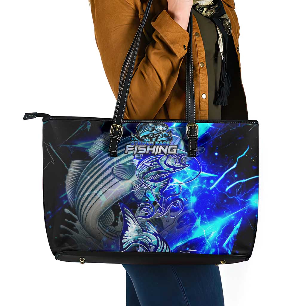 Blue Lightning Striped Bass Leather Tote Bag Power Surge Fishing Hook Electric Print - Wonder Print Shop