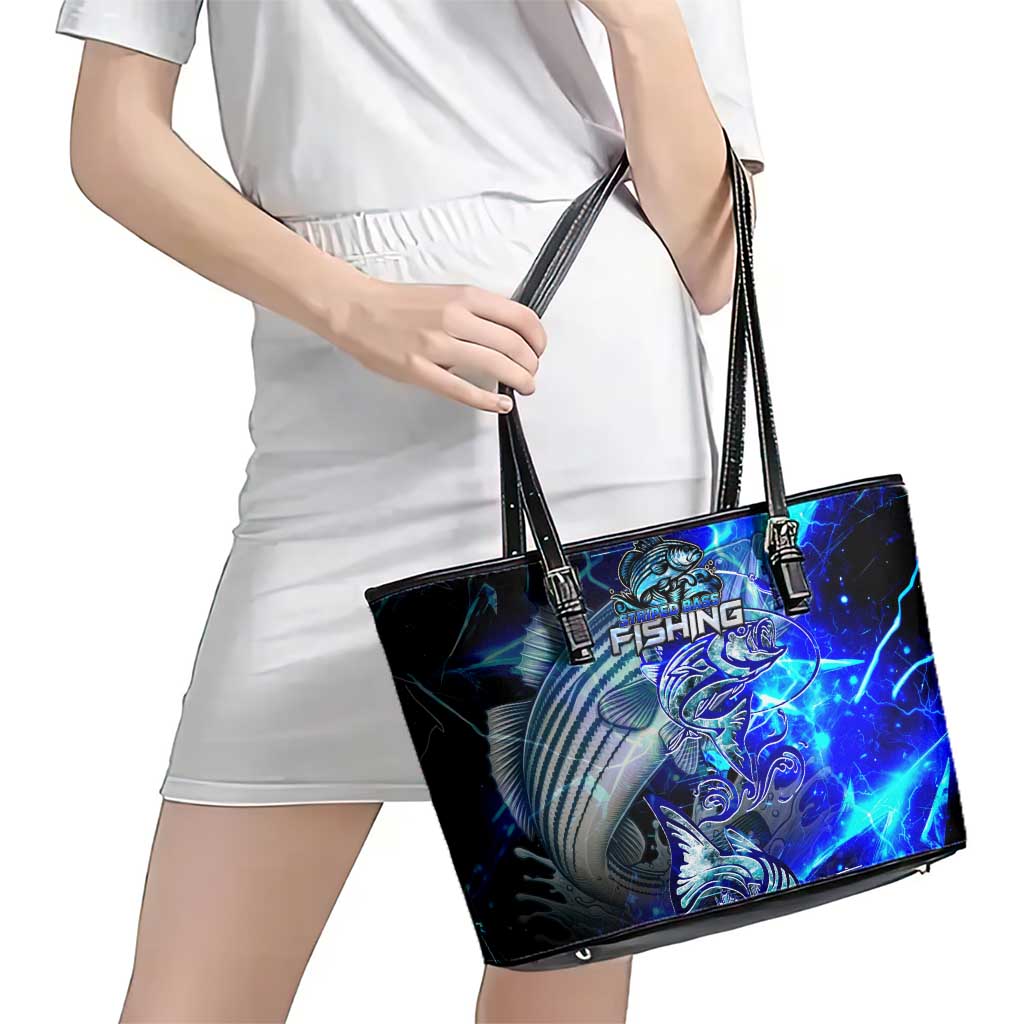 Blue Lightning Striped Bass Leather Tote Bag Power Surge Fishing Hook Electric Print - Wonder Print Shop