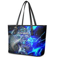 Blue Lightning Striped Bass Leather Tote Bag Power Surge Fishing Hook Electric Print - Wonder Print Shop