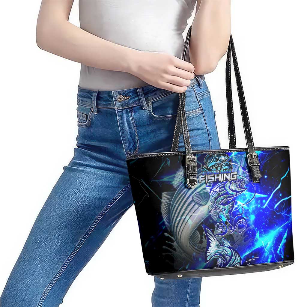 Blue Lightning Striped Bass Leather Tote Bag Power Surge Fishing Hook Electric Print - Wonder Print Shop