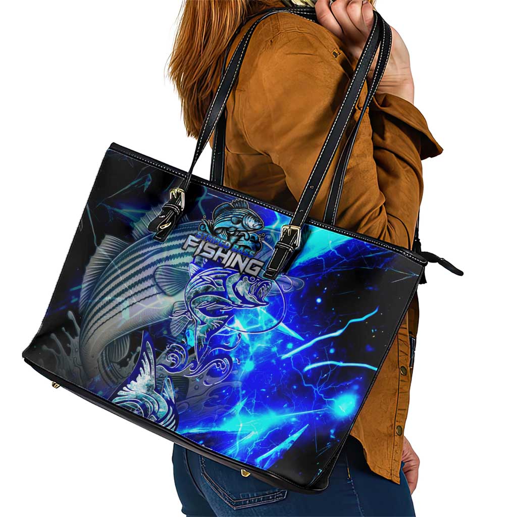 Blue Lightning Striped Bass Leather Tote Bag Power Surge Fishing Hook Electric Print - Wonder Print Shop