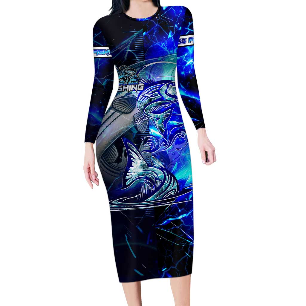 Blue Lightning Striped Bass Long Sleeve Bodycon Dress Power Surge Fishing Hook Electric Print - Wonder Print Shop