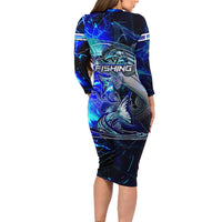 Blue Lightning Striped Bass Long Sleeve Bodycon Dress Power Surge Fishing Hook Electric Print - Wonder Print Shop