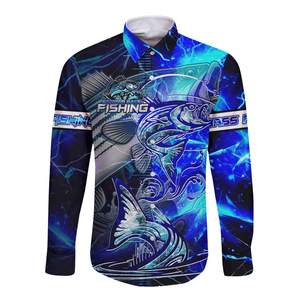 Blue Lightning Striped Bass Long Sleeve Button Shirt Power Surge Fishing Hook Electric Print - Wonder Print Shop