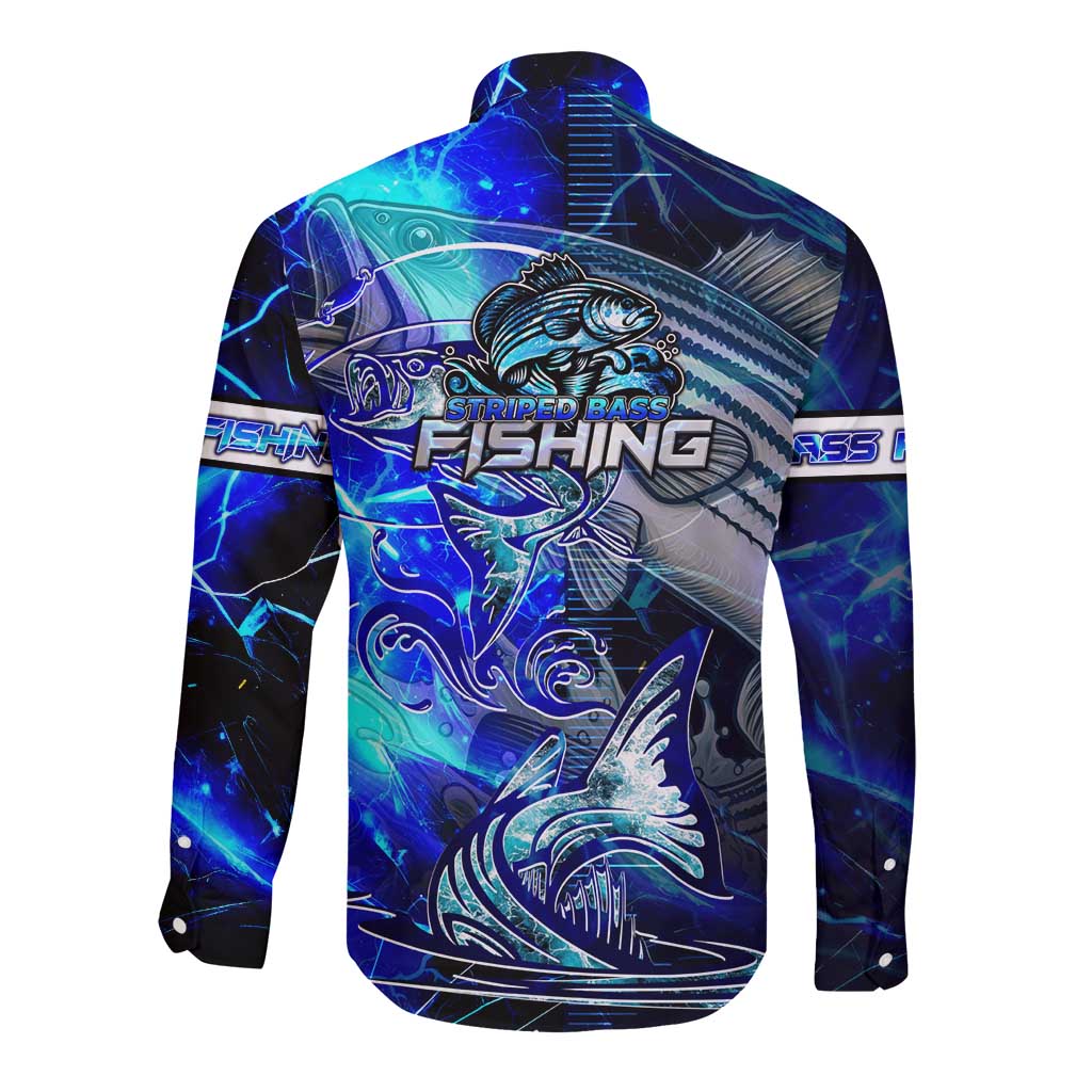 Blue Lightning Striped Bass Long Sleeve Button Shirt Power Surge Fishing Hook Electric Print - Wonder Print Shop