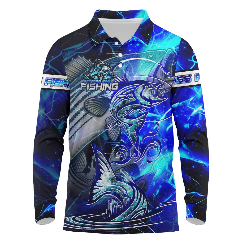 Blue Lightning Striped Bass Long Sleeve Polo Shirt Power Surge Fishing Hook Electric Print - Wonder Print Shop