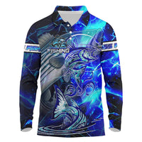 Blue Lightning Striped Bass Long Sleeve Polo Shirt Power Surge Fishing Hook Electric Print - Wonder Print Shop