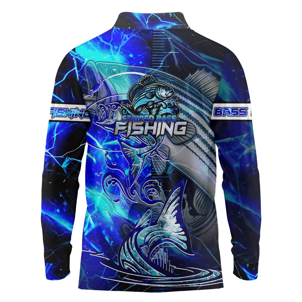 Blue Lightning Striped Bass Long Sleeve Polo Shirt Power Surge Fishing Hook Electric Print - Wonder Print Shop