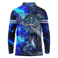 Blue Lightning Striped Bass Long Sleeve Polo Shirt Power Surge Fishing Hook Electric Print - Wonder Print Shop