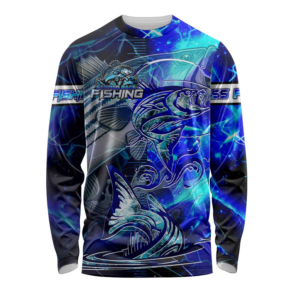 Blue Lightning Striped Bass Long Sleeve Shirt Power Surge Fishing Hook Electric Print - Wonder Print Shop