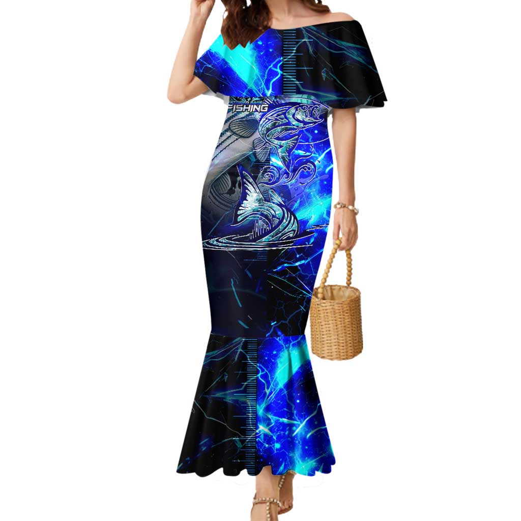 Blue Lightning Striped Bass Mermaid Dress Power Surge Fishing Hook Electric Print - Wonder Print Shop