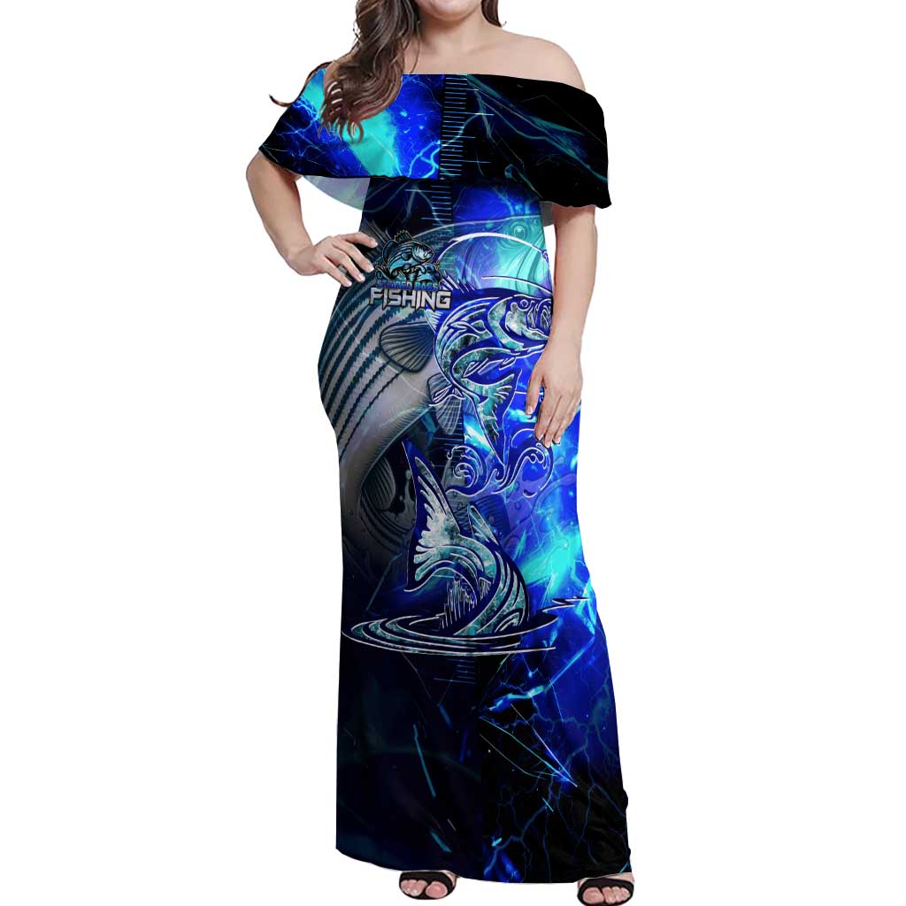 Blue Lightning Striped Bass Off Shoulder Maxi Dress Power Surge Fishing Hook Electric Print - Wonder Print Shop