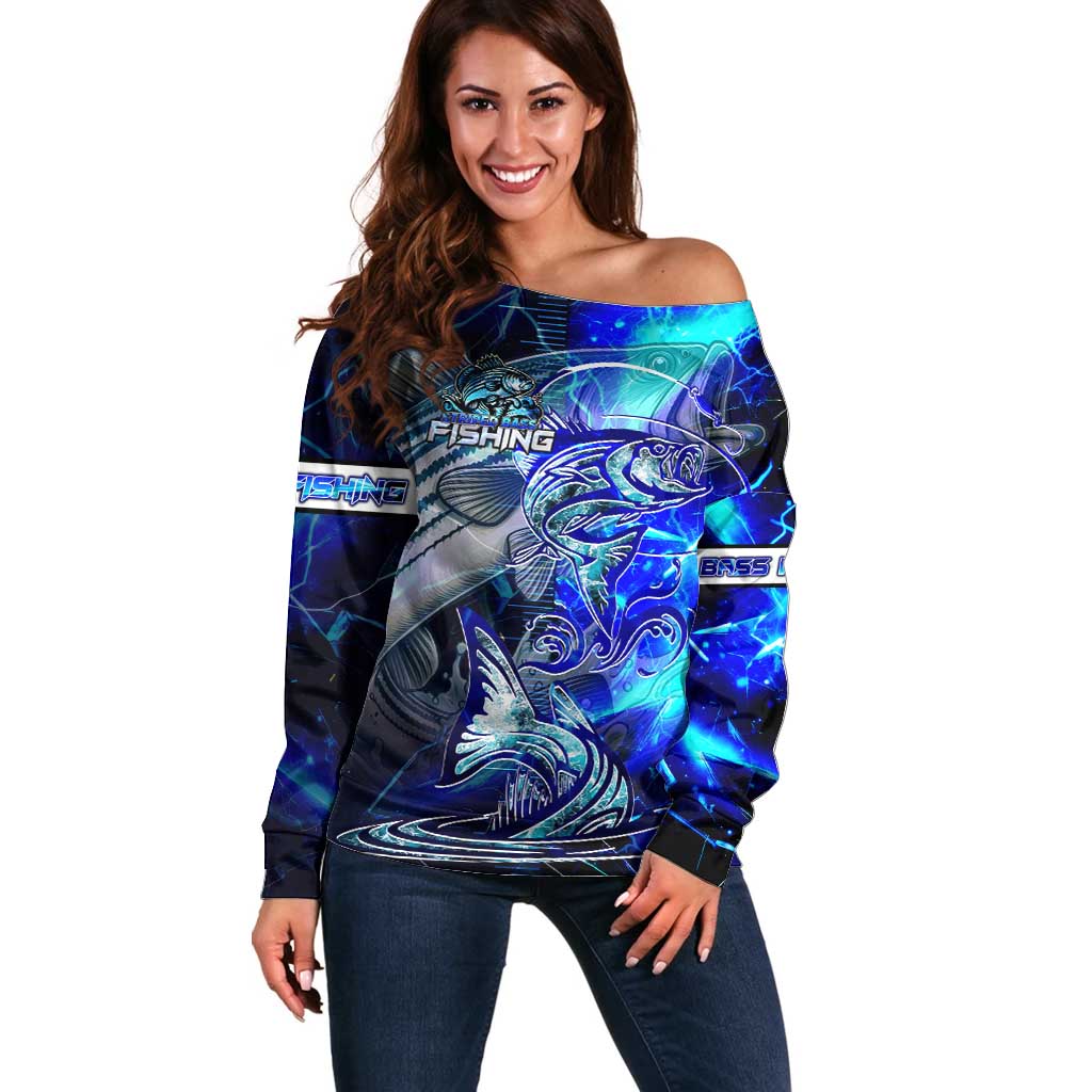 Blue Lightning Striped Bass Off Shoulder Sweater Power Surge Fishing Hook Electric Print - Wonder Print Shop