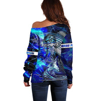 Blue Lightning Striped Bass Off Shoulder Sweater Power Surge Fishing Hook Electric Print - Wonder Print Shop