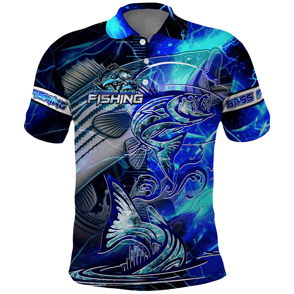Blue Lightning Striped Bass Polo Shirt Power Surge Fishing Hook Electric Print - Wonder Print Shop
