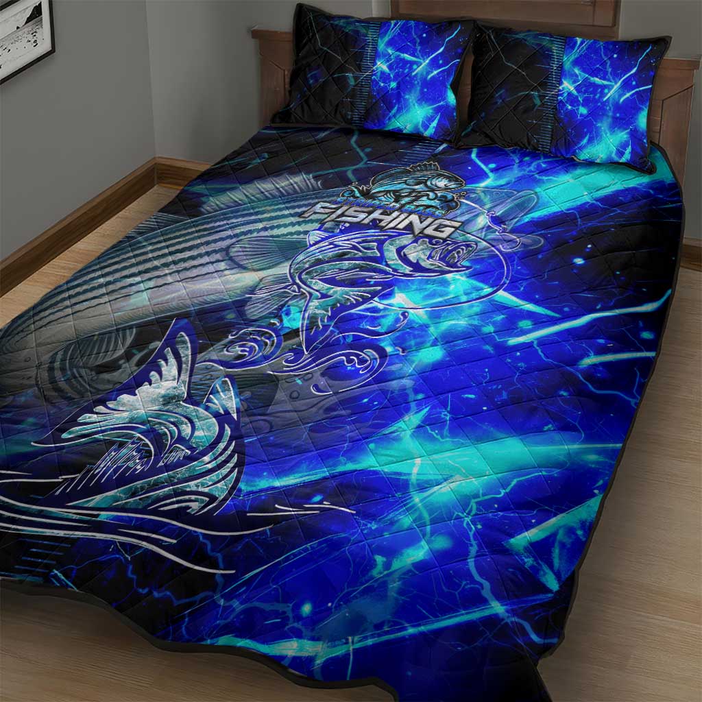 Blue Lightning Striped Bass Quilt Bed Set Power Surge Fishing Hook Electric Print - Wonder Print Shop