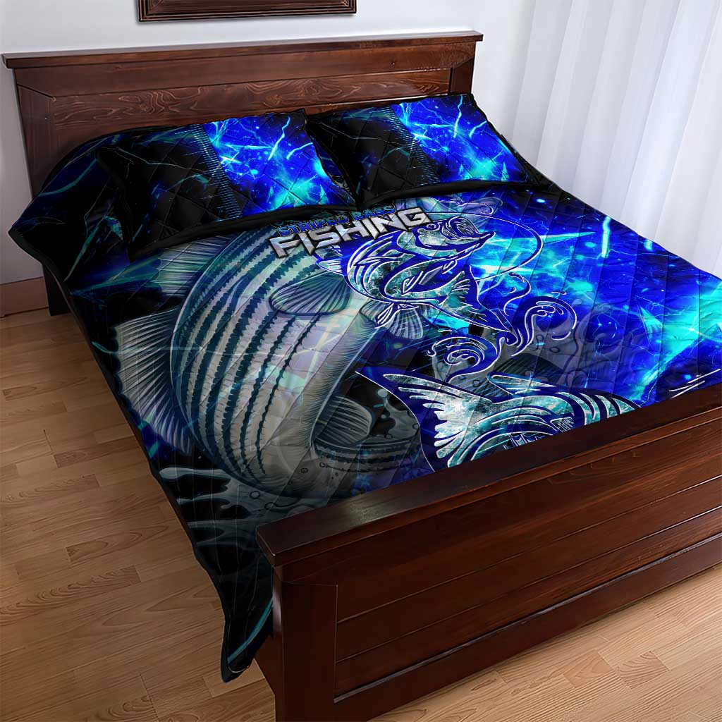 Blue Lightning Striped Bass Quilt Bed Set Power Surge Fishing Hook Electric Print - Wonder Print Shop
