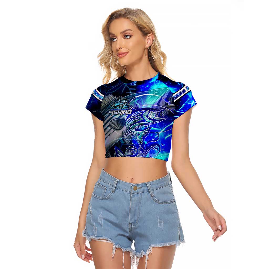 Blue Lightning Striped Bass Raglan Cropped T Shirt Power Surge Fishing Hook Electric Print - Wonder Print Shop