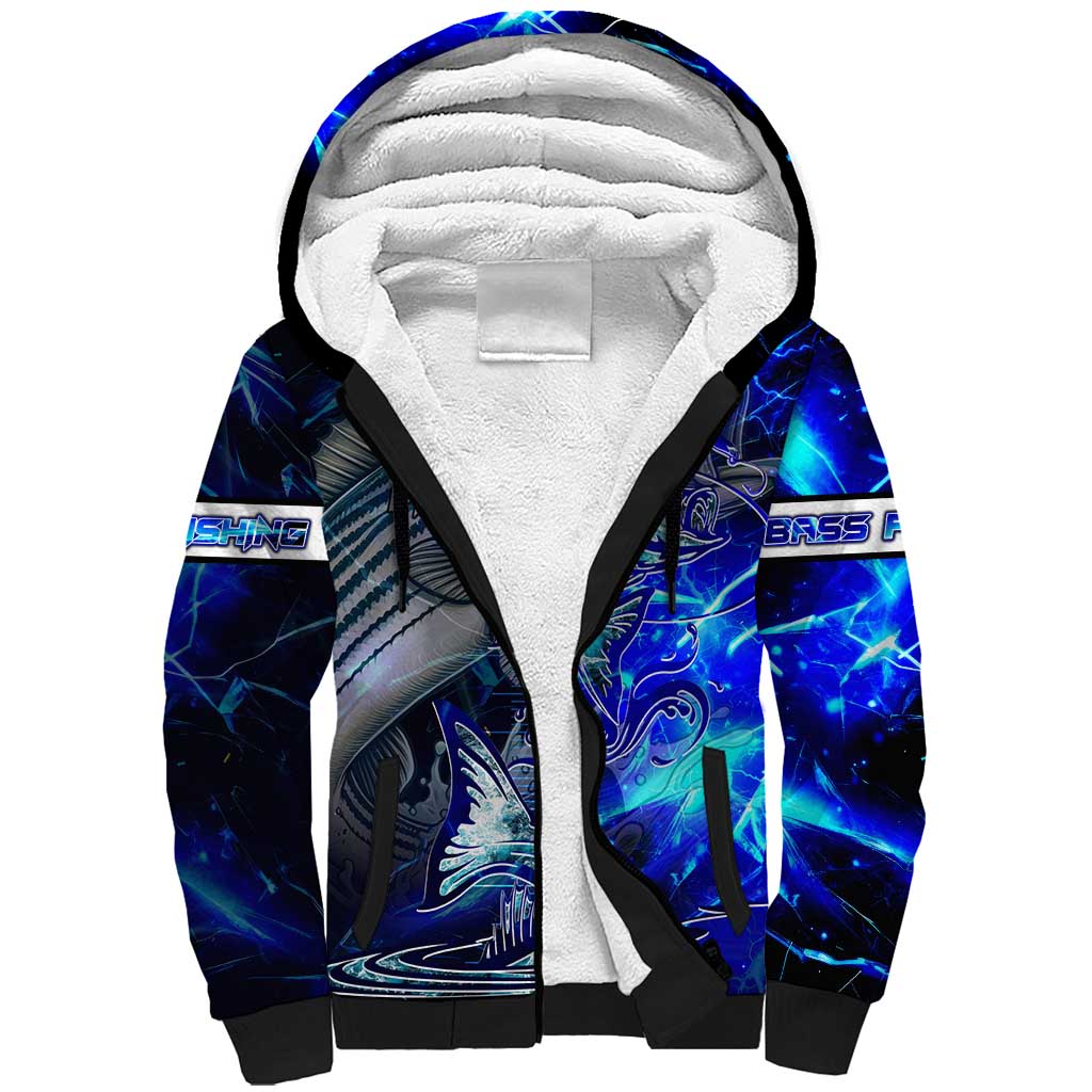 Blue Lightning Striped Bass Sherpa Hoodie Power Surge Fishing Hook Electric Print - Wonder Print Shop