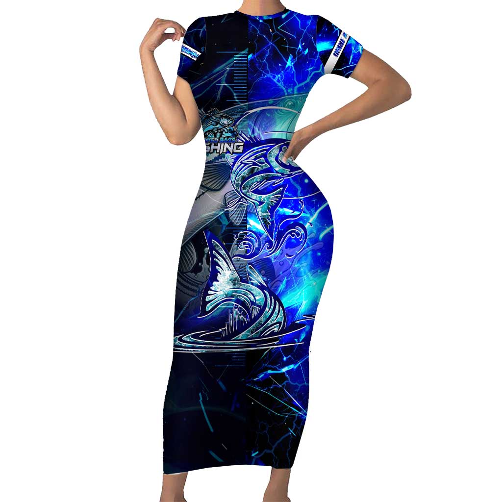 Blue Lightning Striped Bass Short Sleeve Bodycon Dress Power Surge Fishing Hook Electric Print - Wonder Print Shop