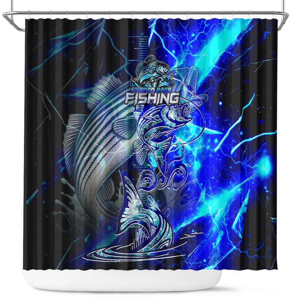 Blue Lightning Striped Bass Shower Curtain Power Surge Fishing Hook Electric Print - Wonder Print Shop