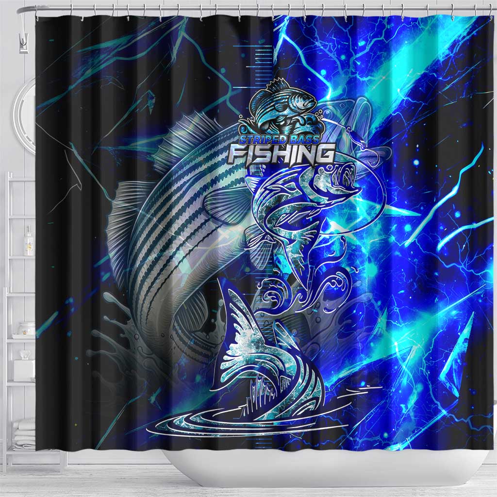 Blue Lightning Striped Bass Shower Curtain Power Surge Fishing Hook Electric Print - Wonder Print Shop