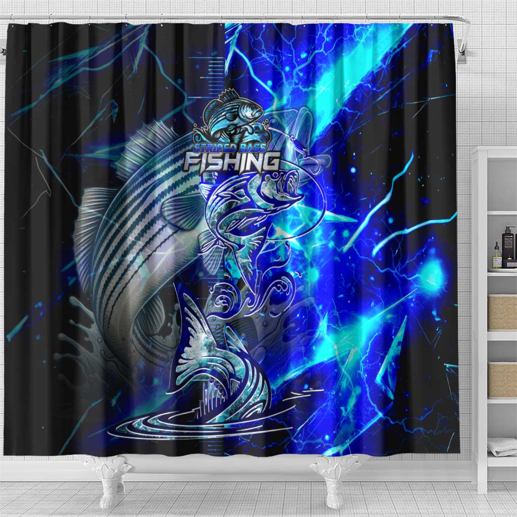 Blue Lightning Striped Bass Shower Curtain Power Surge Fishing Hook Electric Print - Wonder Print Shop