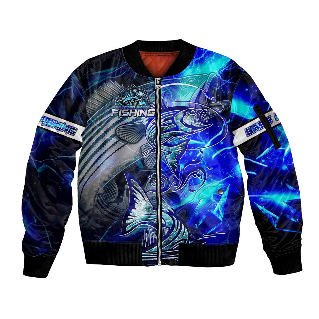 Blue Lightning Striped Bass Sleeve Zip Bomber Jacket Power Surge Fishing Hook Electric Print - Wonder Print Shop